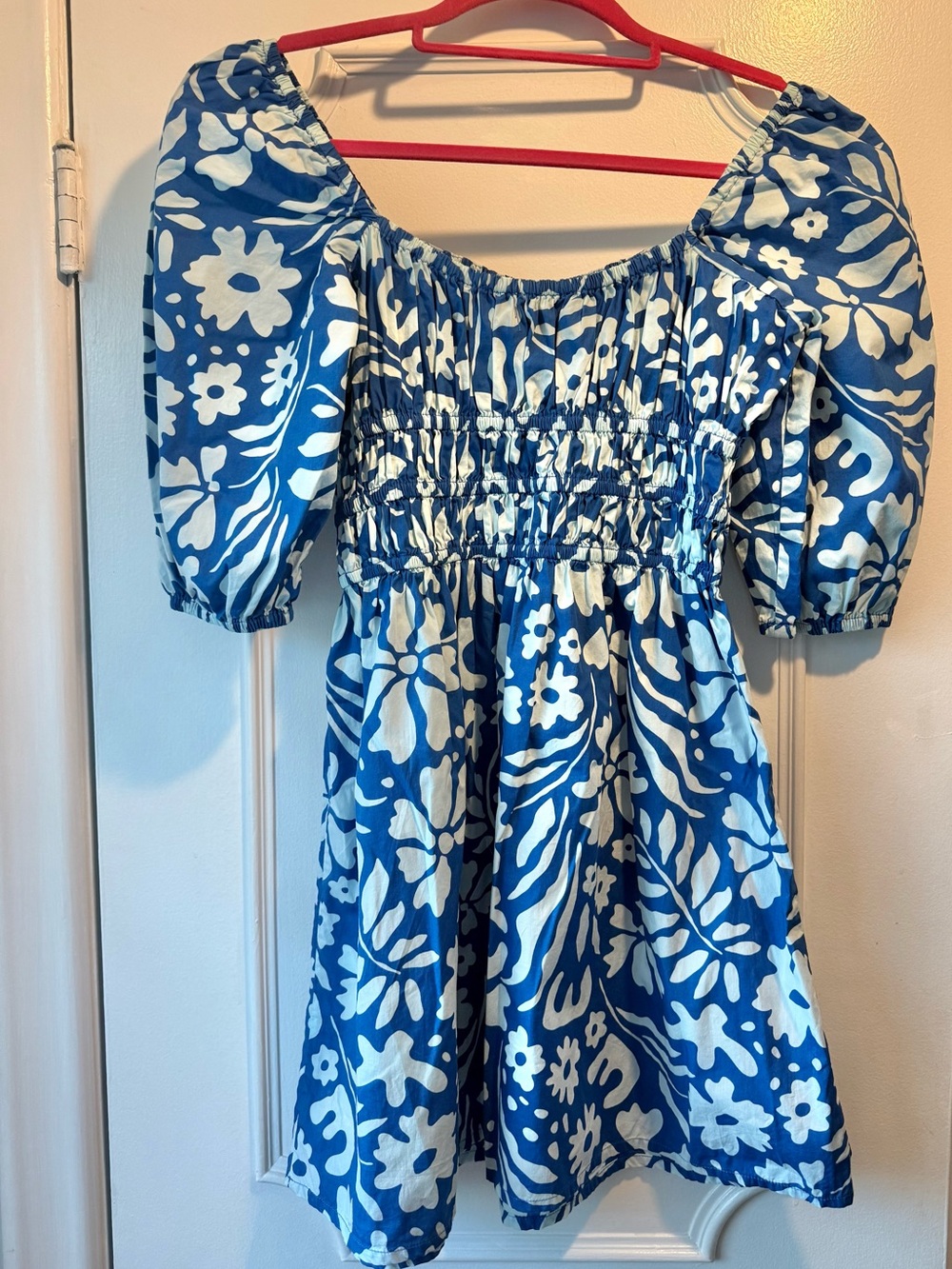 Faithfull the Brand Blue and White Floral Puff Sleeve Dress